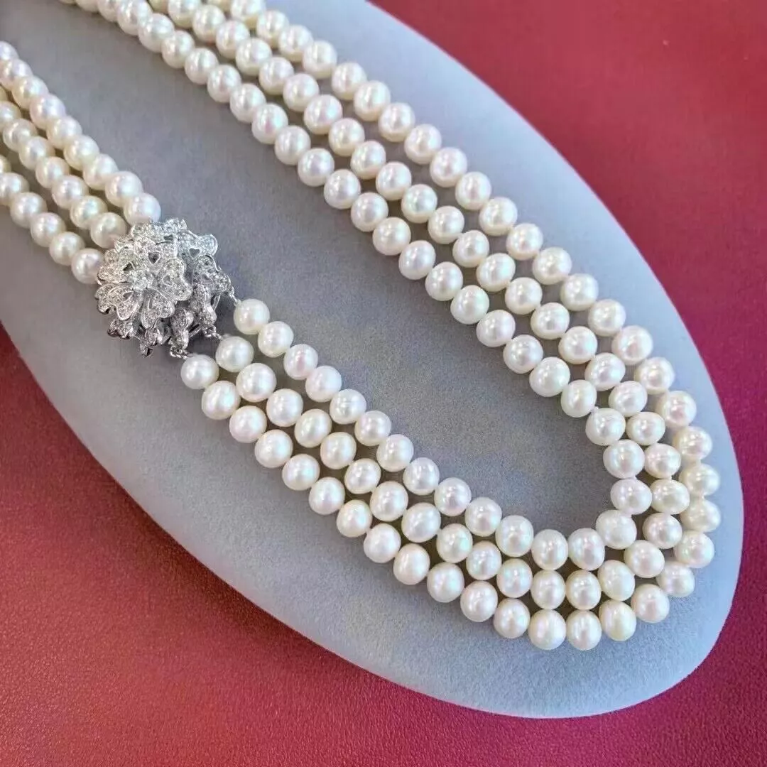 Pearl Trim Chain - 3 Telli İnci Kolye AAA 8-9mm