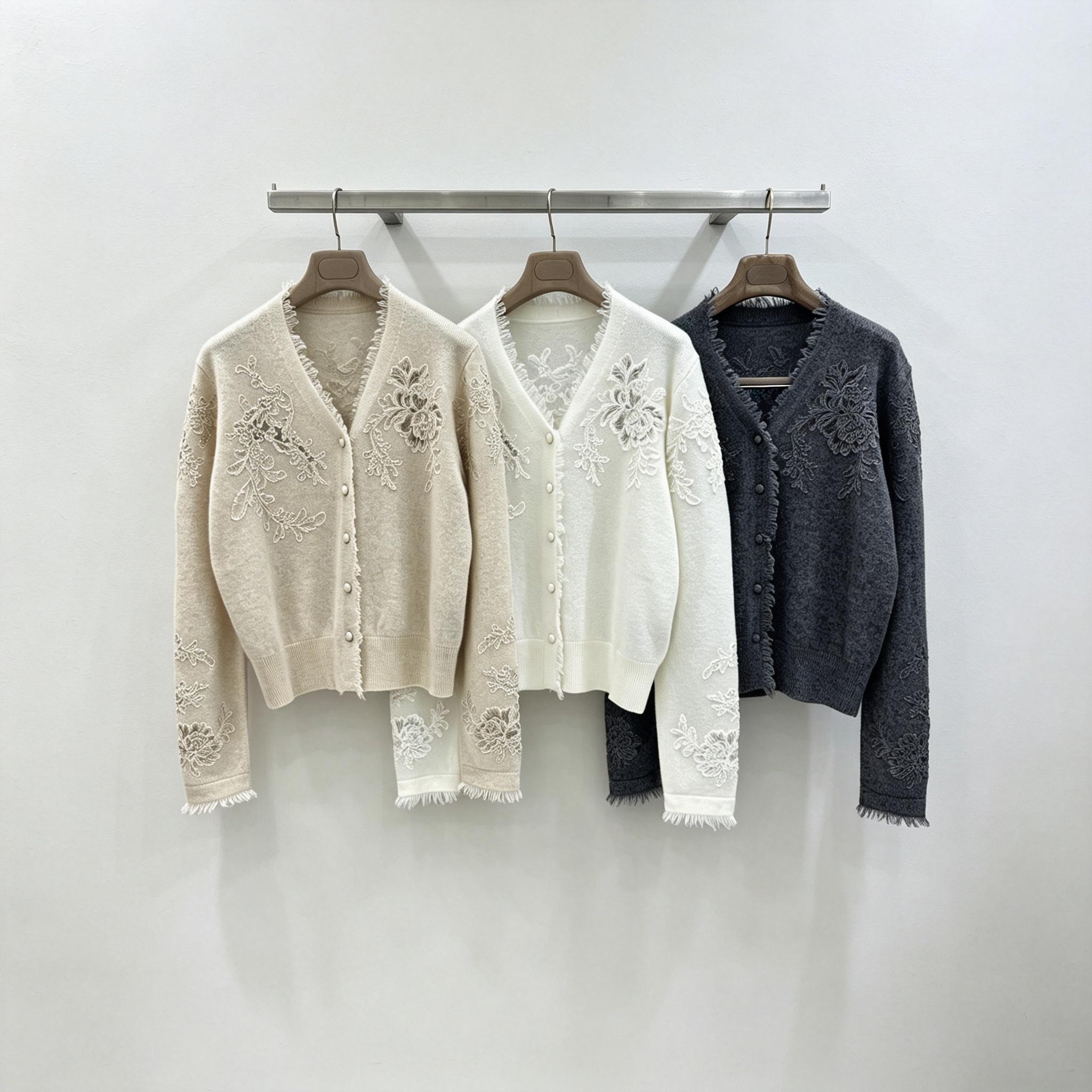 Tassel Fringe Trim - Kadın V Yaka Örme Hırka Çiçekli